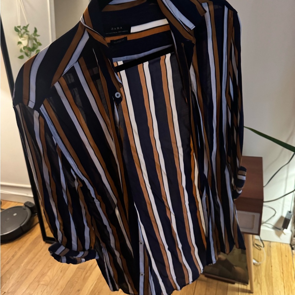 Zara Men's Striped Casual Button Down Shirt - Black, White, Brown